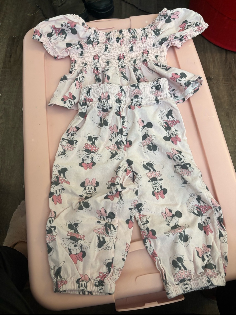 Disney Minnie Mouse Pink & Black Smocked Jumpsuit Romper